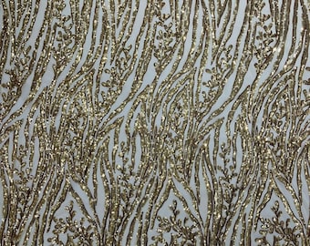 Gold - Vine/Root Sequin 4 Way Stretch Mesh Fabric, by The Yard.