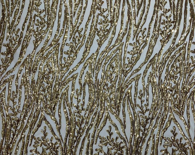 Gold - Vine/Root Sequin 4 Way Stretch Mesh Fabric, by The Yard.