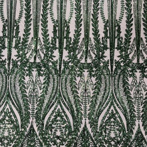 Hunter Green damask design with sequins embroider on a 4 way stretch mesh fabric.