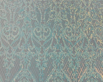 Deluxe damask Clear Aqua Iridescent Sequin Design on White 4 way stretch mesh fabric-prom-Sold by the yard.