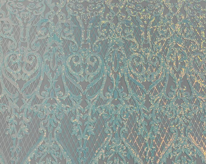 Deluxe damask Clear Aqua Iridescent Sequin Design on White 4 way stretch mesh fabric-prom-Sold by the yard.