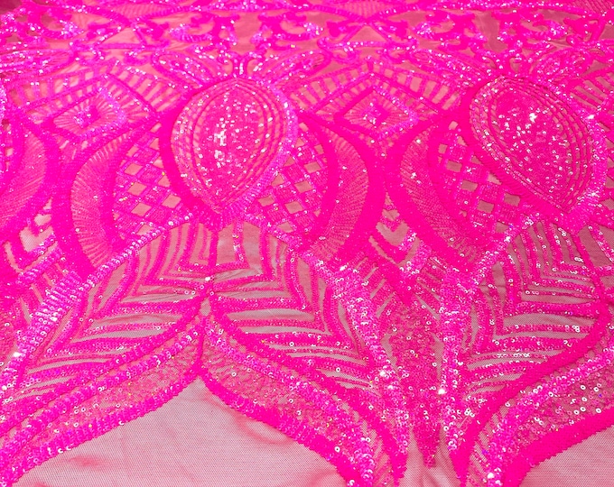 Hot pink iridescent royalty sequin design on a fuchsia 4 way stretch mesh-prom-sold by the yard.