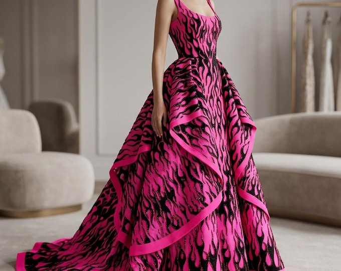 Neon Pink Flame Fabric 60” Wide | Black Flocked Flames Mesh with Red Glitter | Hot Rod Upholstery, Costume & Fashion Fabric