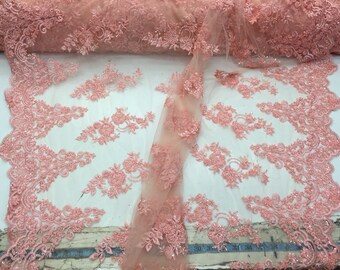 Elegant light peach hand beaded flower design embroider on a mesh lace-prom-nightgown-wedding-bridal-sold by the yard.