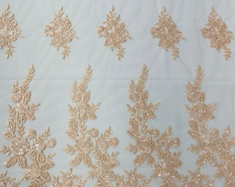 Peach floral design embroider and beaded on a mesh lace fabric-Wedding/Bridal/Prom/Nightgown fabric.