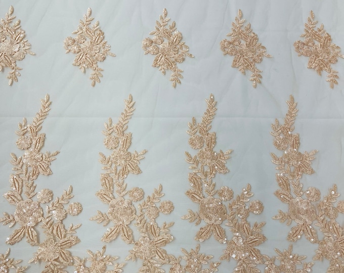 Peach floral design embroider and beaded on a mesh lace fabric-Wedding/Bridal/Prom/Nightgown fabric.