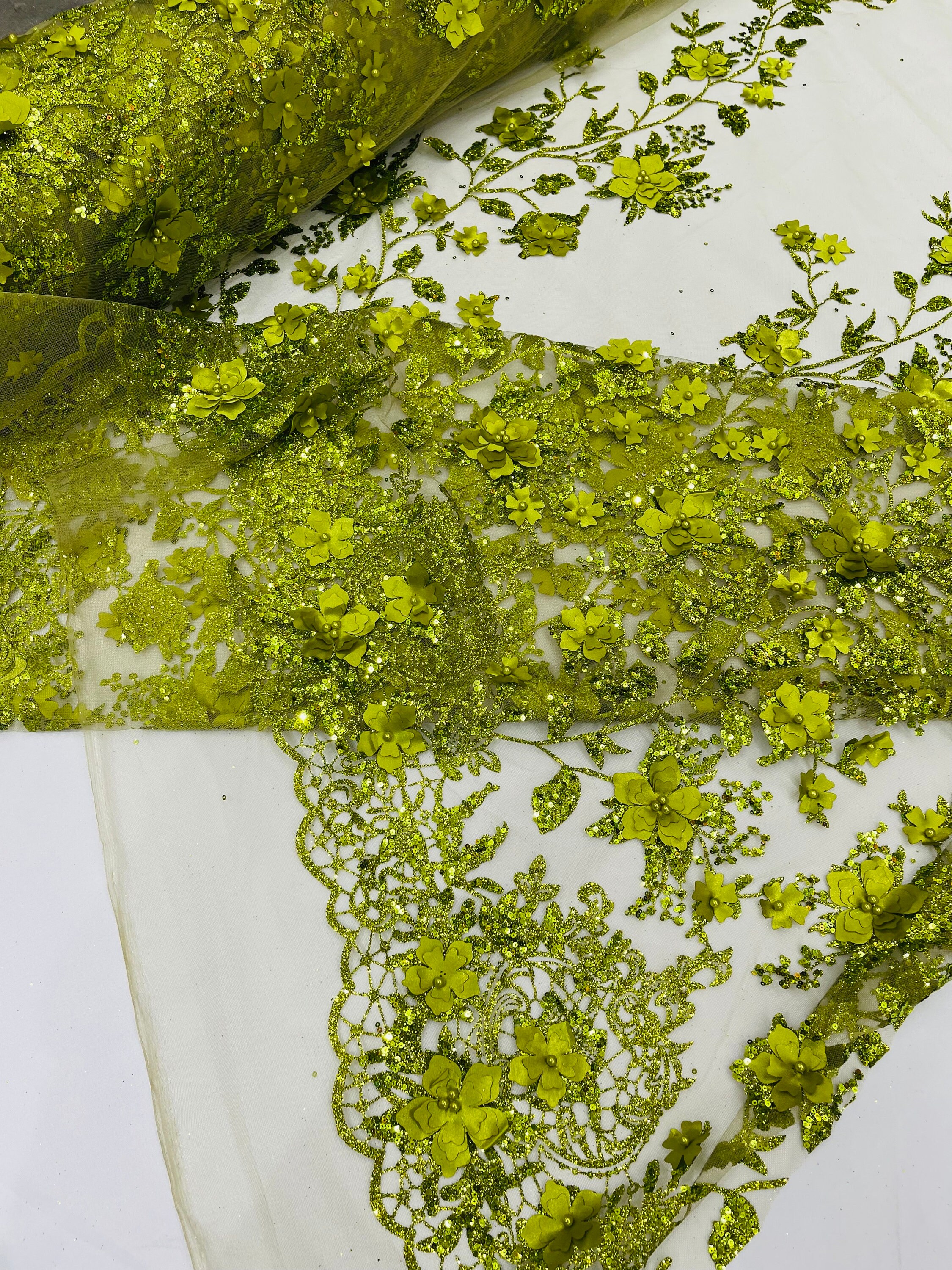 Olive Green 3D Princess Satin Flower Glitter Sequin Lace Fabric 54 ...