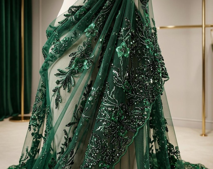 Hunter Green Beaded Mesh Lace Fabric by the Yard, Metallic Floral Embroidered Bridal Lace for Prom Dress, Couture Fabric