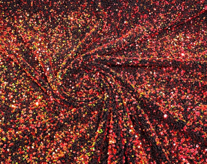 Red Orange Iridescent /Black stretch velvet with luxury sequins all over 5mm shining sequins 2-way stretch, sold by the yard.