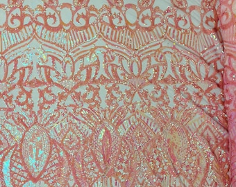 Blush Pink  iridescent royalty sequin design on a pink 4 way stretch mesh-prom-sold by the yard.