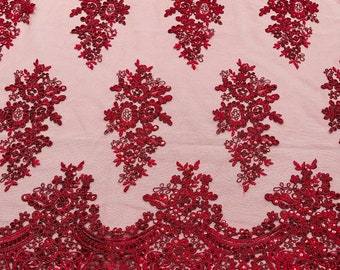Burgundy corded embroider with sequins on a mesh lace fabric-prom-sold by the yard.