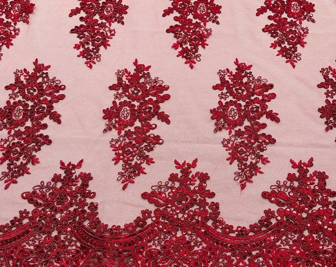 Burgundy corded embroider with sequins on a mesh lace fabric-prom-sold by the yard.