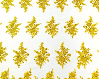Yellow floral corded embroider with sequins on a mesh lace fabric-prom-sold by the yard.
