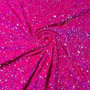 Fuchsia iridescent 5mm sequins on a Fuchsia stretch velvet 2-way stretch, sold by the yard.
