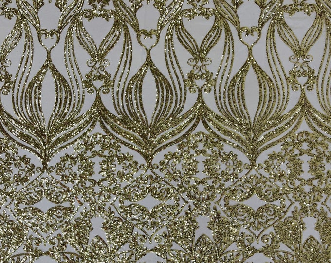 New Gold shiny sequin damask design on a 4 way stretch mesh-sold by the yard.