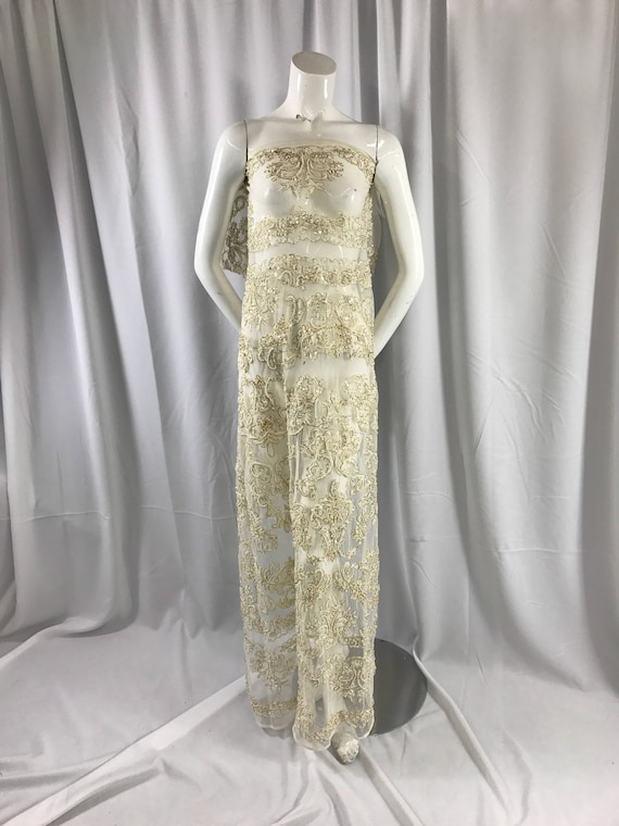 Ivory/metallic Gold French Design Embroider and Hand Beaded With Pearls Ans Sequins on a Mesh Lace-dresses-fashion-apparel-sold by the Yard. - Etsy Ivory/metallic Gold French Design Embroider and Hand Beaded With Pearls Ans Sequins on a Mesh Lace-dresses-fashion-apparel-sold by the Yard. - Etsy