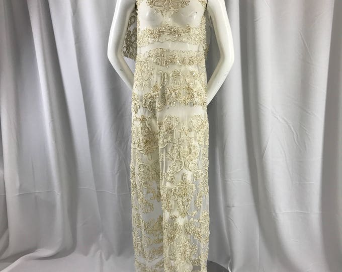 Ivory/metallic gold french design embroider and hand beaded with pearls ans sequins on a mesh lace-dresses-fashion-apparel-Sold by the yard.