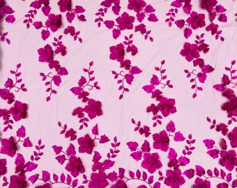 Fuchsia Double Scalp Orquidia 3d floral design embroider with pearl in a mesh lace fabric-dresses-fashion-decoration-prom-sold by the yard.