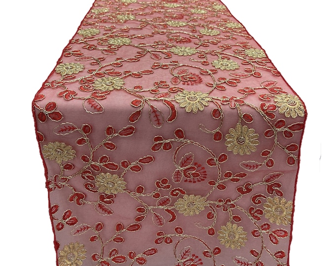 12" Wide x 90" Long Metallic Embroidery Lace Table Runner Wedding Decoration (Red on Red Mesh)