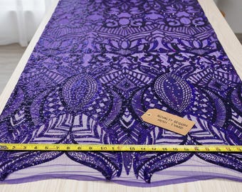Purple Royalty Sequin Fabric on 4 Way Stretch Mesh, Holographic Embroidered Design