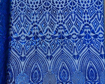 Royal Blue - Diamond Geometric Sequin On A Stretch Mesh Fabric ( By The Yard)