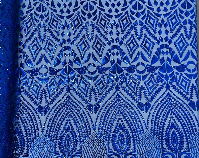 Royal Blue - Diamond Geometric Sequin On A Stretch Mesh Fabric ( By The Yard)