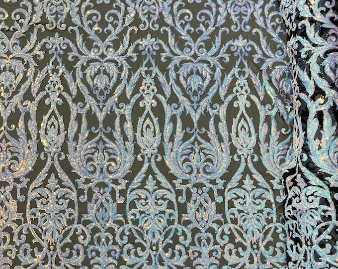 King Damask sequin design on a 4 way stretch mesh fabric-prom-sold by the yard.