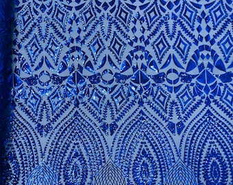 Royal Blue shiny diamond design with sequins on a 4 way stretch mesh-prom-nightgown-sold by the yard-free shipping in the USA.