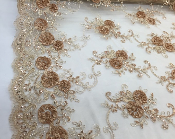 Caramel/mocha 3d flowers embroider with sequins on a nude mesh. Wedding/bridal/prom/nightgown fabric. Sold by the yard.