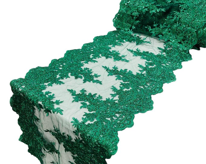 HUNTER GREEN 14"Wide  Sequins Green Metallic Embroidered Lace on Mesh Fabric, Trim Lace, Table Runner. Sold By The Yard.