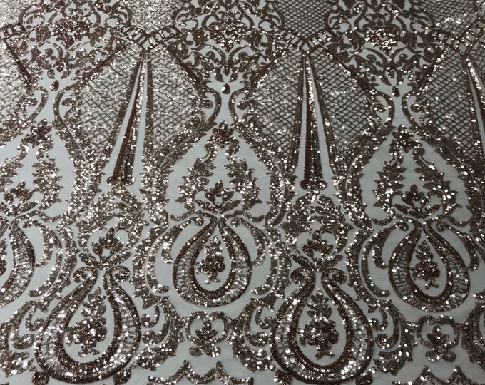 Rose gold princess design embroider with shiny sequins on a 4 way stretch power mesh-dresses-fashion-prom-nightgown-sold by the yard.