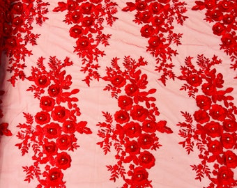 Red 3d floral design embroider and beaded with rhinestones on a mesh lace-prom-dresses-nightgown-apparel-fashion-sold by yard.