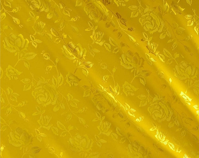 Yellow 60" Wide Polyester Flower Brocade Jacquard Satin Fabric, Sold By The Yard.