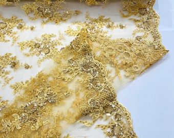 Gold Embroidered Beaded Lace Fabric, French Design, 50" Wide