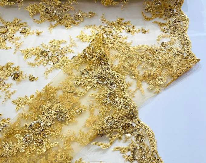 Gold Embroidered Beaded Lace Fabric, French Design, 50" Wide