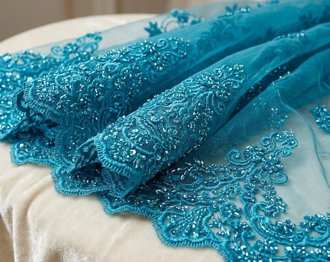 Turquoise Beaded Lace Fabric by the Yard, Sequin Floral Mesh Lace for Prom Dress, Bridal Gown, Evening Wear