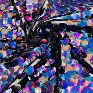 Black/Purple Iridescent Jumbo Sequins Oval Sequin Paillette/Tear Drop Mermaid Big Sequins Fabric On Black Mesh/ 54 Inches Wide.
