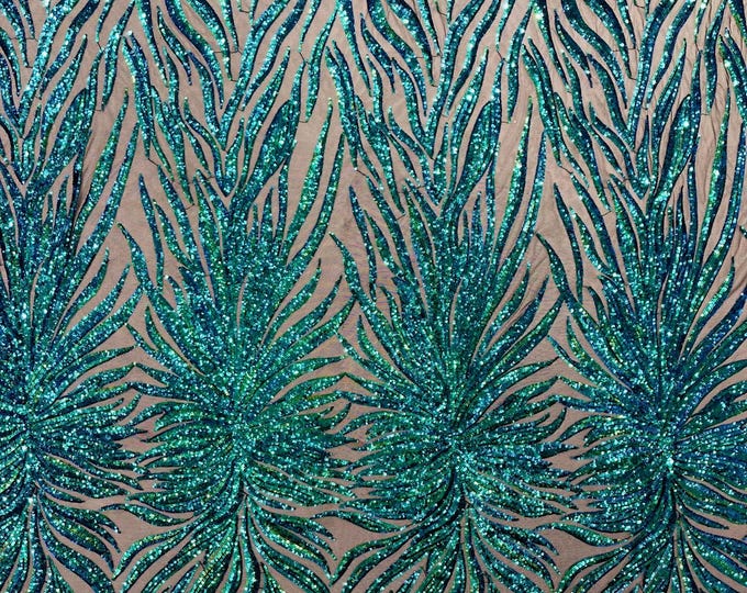Green Iridescent - Phoenix feather design with sequins embroider on a Black 4 way stretch mesh fabric-sold by the yard.