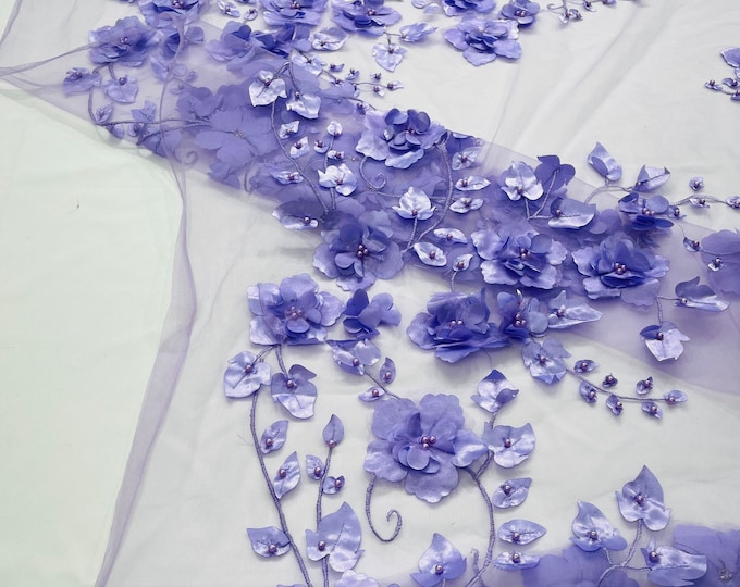 Lilac Orquidia 3d floral design embroider with pearls in a mesh lace fabric-dresses-fashion-decorations-prom-sold by the yard.