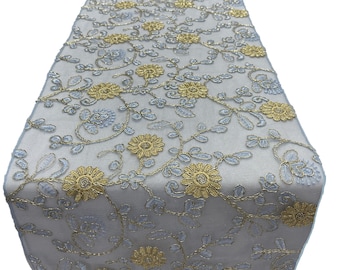 12" Wide x 90" Long Metallic Embroidery Lace Table Runner Wedding Decoration (Light Blue on Light Blue Mesh)
