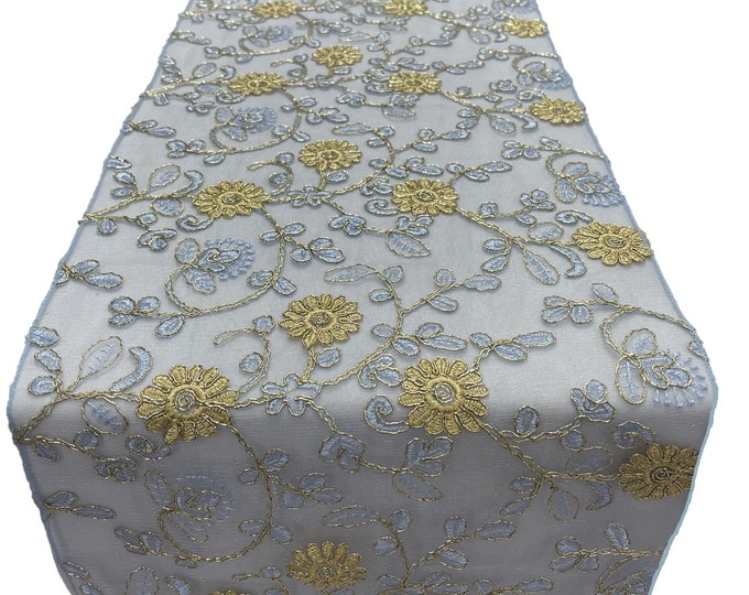 12" Wide x 90" Long Metallic Embroidery Lace Table Runner Wedding Decoration (Light Blue on Light Blue Mesh)