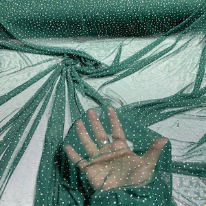 Hunter green Sheer All Over AB Rhinestones On Stretch Power Mesh Fabric, Sold by The Yard.
