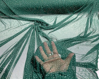 Hunter green Sheer All Over AB Rhinestones On Stretch Power Mesh Fabric, Sold by The Yard.