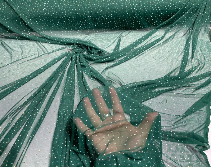 Hunter green Sheer All Over AB Rhinestones On Stretch Power Mesh Fabric, Sold by The Yard.