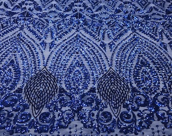 Royal blue geometric diamond design embroidery with sequins on a 4 way stretch mesh-dresses-prom-nightgown-fashion-sold by the yard.