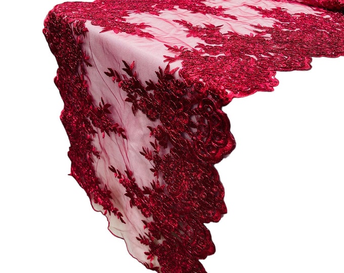 BURGUDY 14"Wide X 90"Long  Sequins Red Metallic Embroidered Lace on Mesh Fabric, Trim Lace, Table Runner.