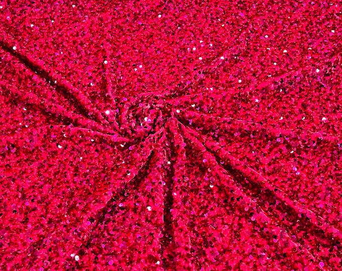 Fuchsia stretch velvet with luxury sequins all over 5mm shining sequins 2-way stretch, sold by the yard.