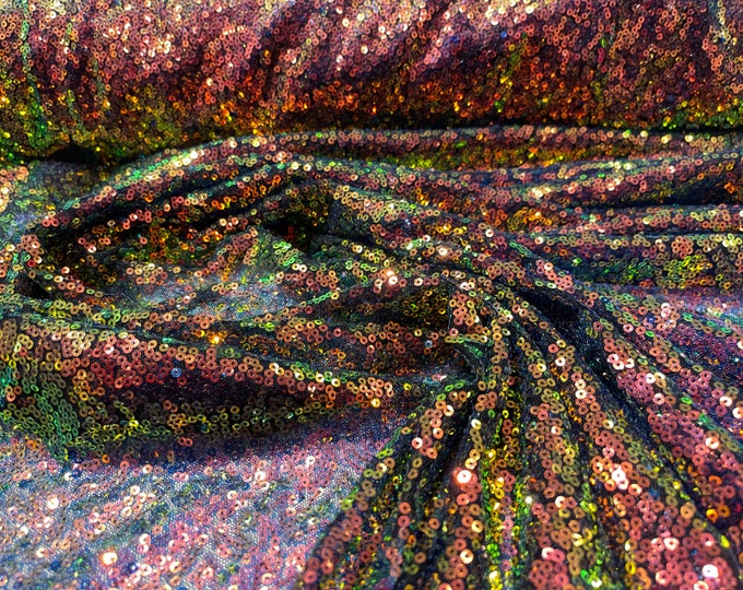 Rainbow iridescent mermaid fish scales-mini glitz sequins embroider on a 2 way stretch mesh fabric-sold by the yard-