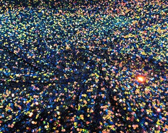 Royal Rainbow Iridescent All-Over 5mm Shiny Sequins Black Stretch Velvet 54" Wide.