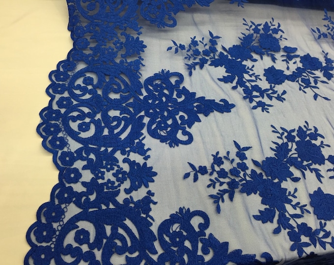 Royal blue flowers embroider on a 2 way stretch medh lace. Wedding/Prom/Bridal/Nightgown fabric. Sold by the yard.